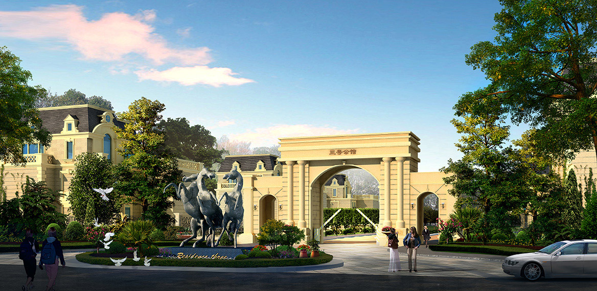 赤壁（bì）.印象酒店（diàn）區、三號公館別墅區主入口方（fāng）案二透視圖